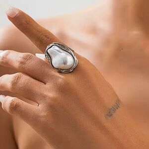 Anthropologie Silver and Pearl Statement Ring adjustable size faux pearl